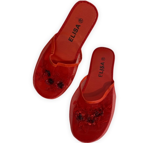 Vintage Sequin Mesh Slides Chinese Beaded Slippers with Floral Embellishments - Picture 6 of 7